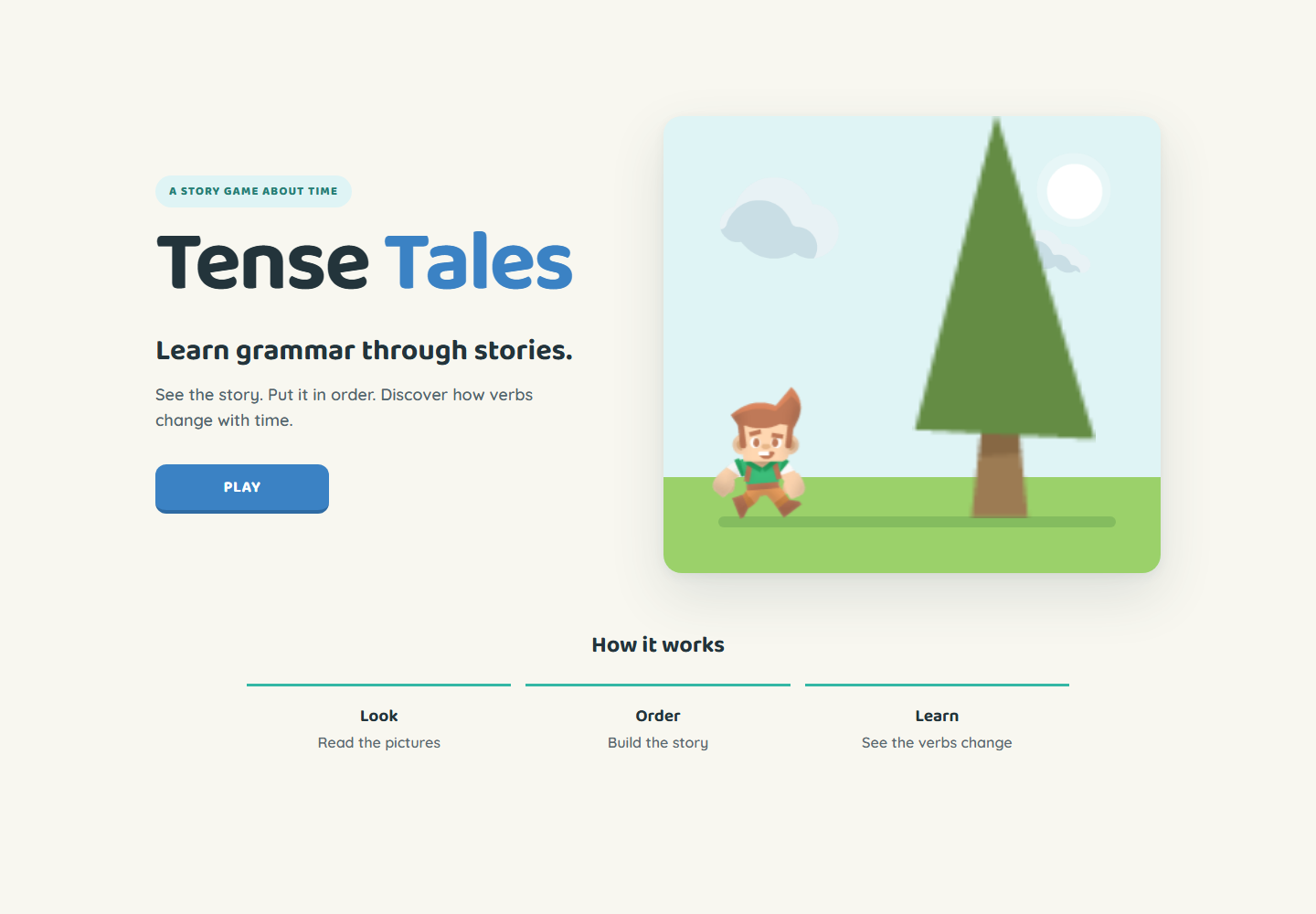 Tense Tales animated homepage with a child walking towards a tree