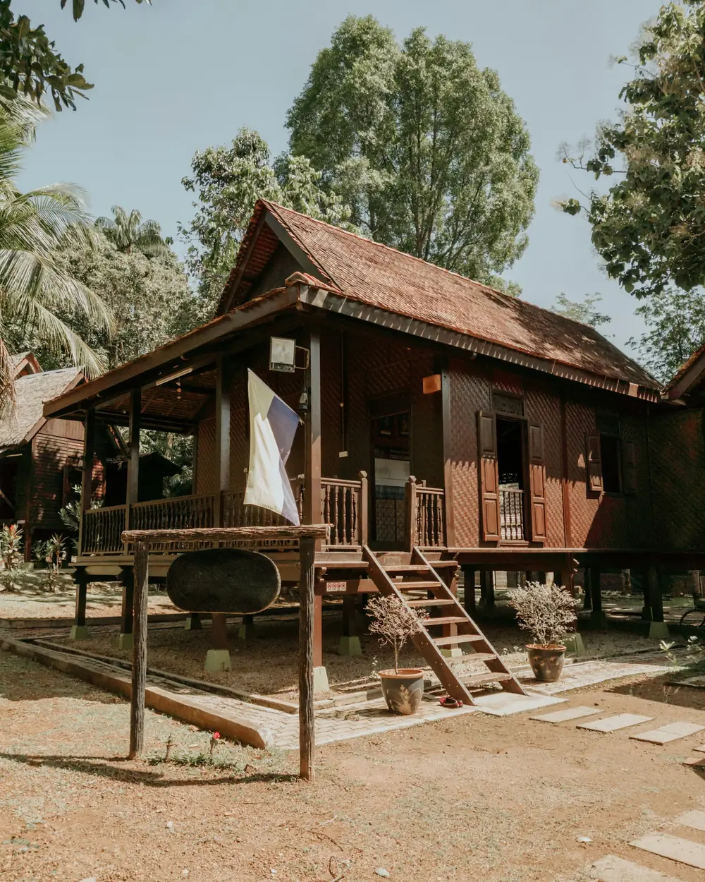 Anjung Nyiur homestay concept: a traditional timber house on stilts, style reference photo